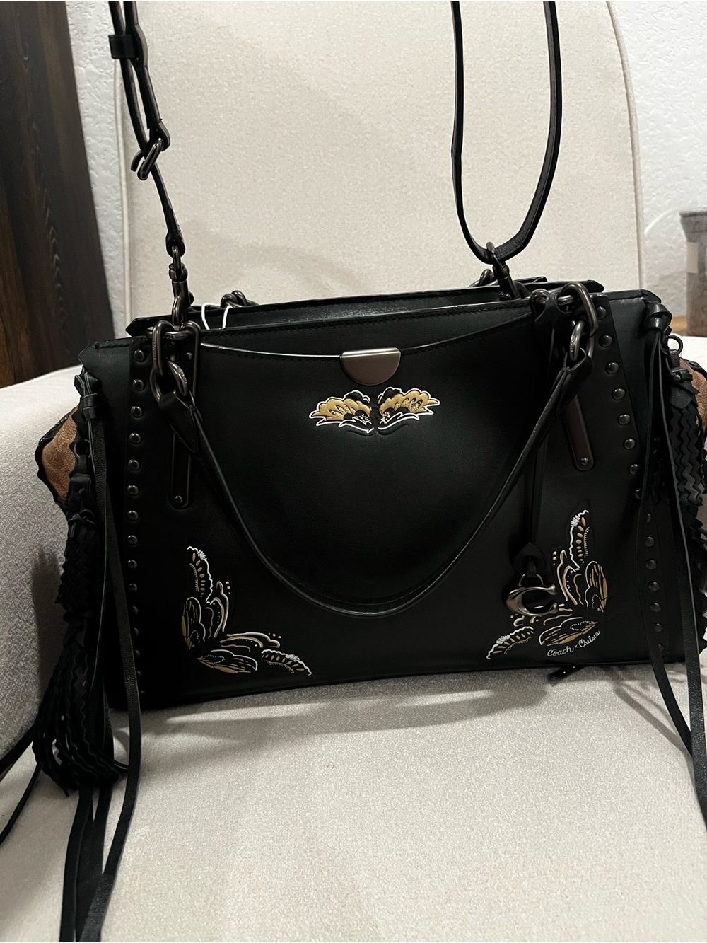 Coach Black Leather Embellished Satchel Chelsea Champlain Collab Dreamer Tote